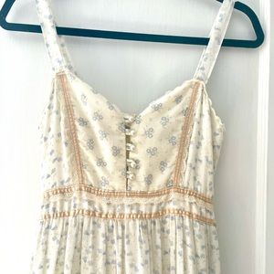1970s Vintage Cream Blue Gunne Sax Prairie Boho Sun Maxi Dress S.